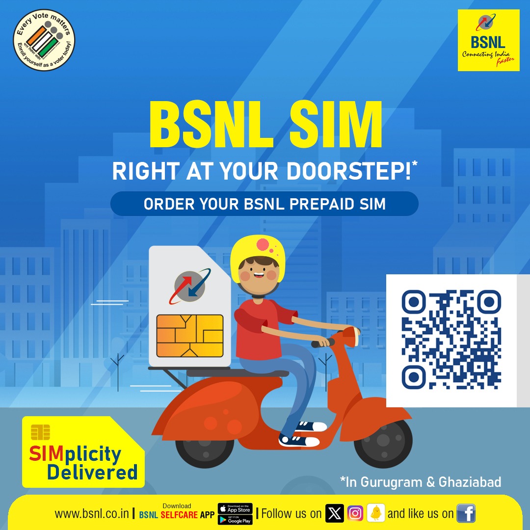 Convenience at Your Doorstep! Get your new BSNL SIM delivered right to you. *Available in Gurugram & Ghaziabad only Click here: bit.ly/4bLu8HC to order now! #BSNL #BSNLSIMplicityDelivered