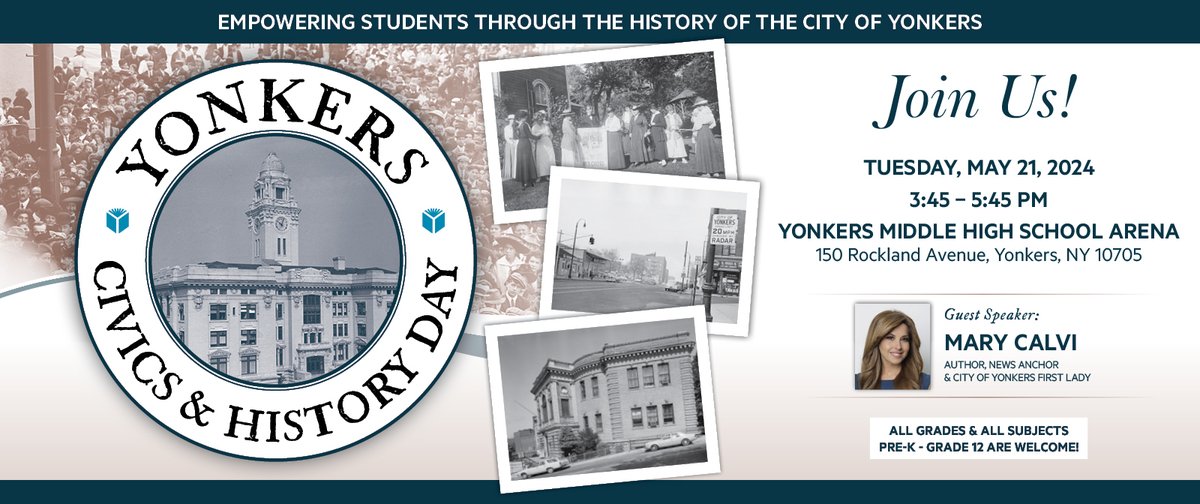 Today is Yonkers Civics & History Day, a hallmark @YonkersSchools event that fascinates and empowers our students studying the history of our great city! Their work, wonder, and optimism will be showcased in the Yonkers Middle High School Arena from 3:45 to 5:45 this afternoon.