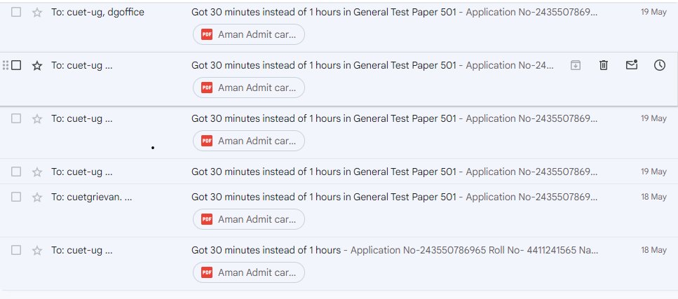 aman87__'s tweet photo. For the past several days I have been emailing
@NTA_Exams regarding my problem but I have not received any response, Got 30 minutes instead of 1 hour in GT It is a humble request to you to re-do my general test Exam
@NTA_Exams @mamidala90  @PMOIndia @Surajmalviyaacd @manashTOI https://t.co/7vSYSRSTIb