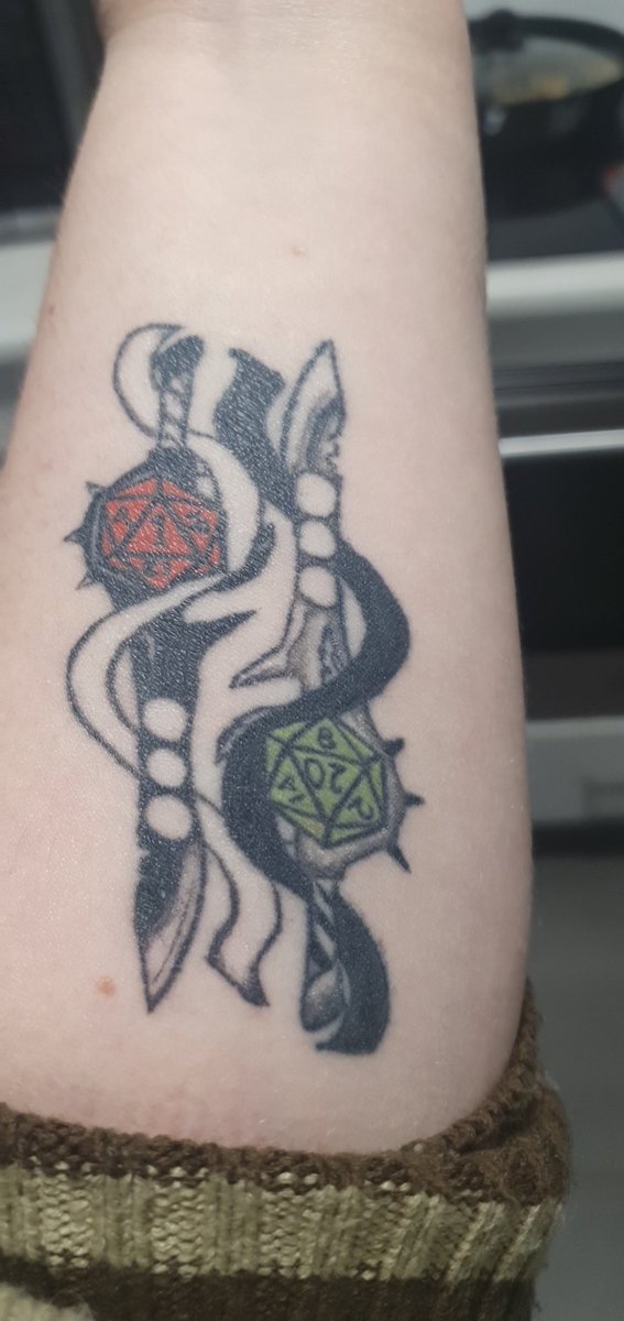 onomatopunic's tweet photo. So, after such a long time away, I'm back! Sporting a new tattoo (inspired by @Marisha_Ray  's life counter) so far, I've only had to use it once! https://t.co/9dvF2LUkWi