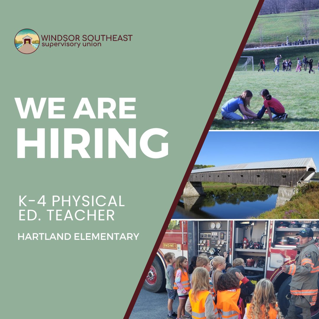 WSESUHES's tweet photo. We Are Hiring!: We are currently seeking a physical education teacher for grades K-4 at Hartland Elementary School. Click the link for more information: https://t.co/PyiStBsewK https://t.co/dyTevDABHH #WSESUnews https://t.co/8yZgnGNI8G