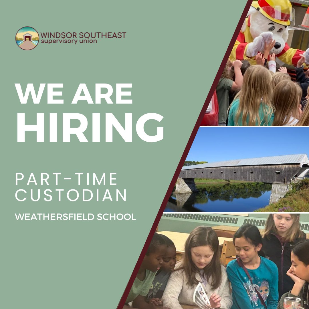 Employment Opportunity: We are currently seeking a part-time, school year night custodian for the Weathersfield School. Learn more about this position and apply here: schoolspring.com/jobdetail?jobI… wsesu.co/T7BCJG #WSESUnews