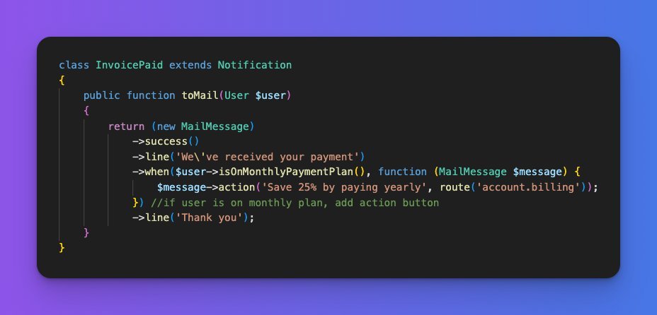 laravelbackpack's tweet photo. #Laravel Tip

You can use the when() or unless() methods in your MailMessage notifications to add conditional content. https://t.co/CuiXsIxMFW