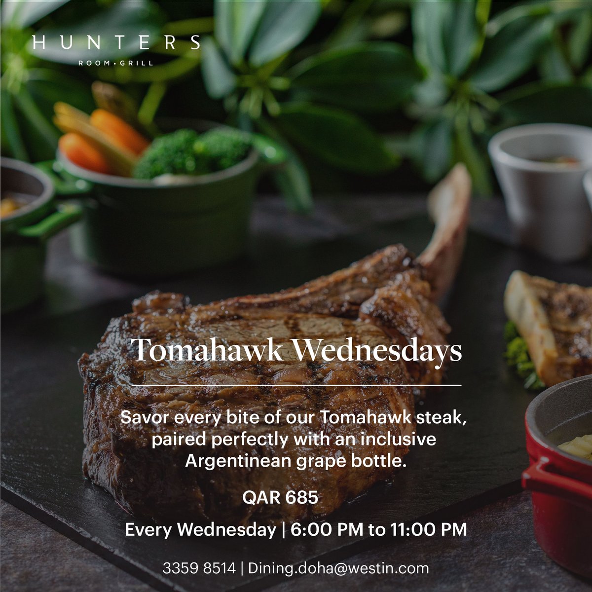 Tomahawk Wednesdays: Dive into the rich flavours of the Tomahawk steak, perfectly paired with a bottle of Argentinian wine for QR685. Join every Wednesday from 6 pm to 11 pm. Book now at +974 3359 8514! #SteakNight #TomahawkWednesday #DineInDoha #GourmetExperience @WestinDoha