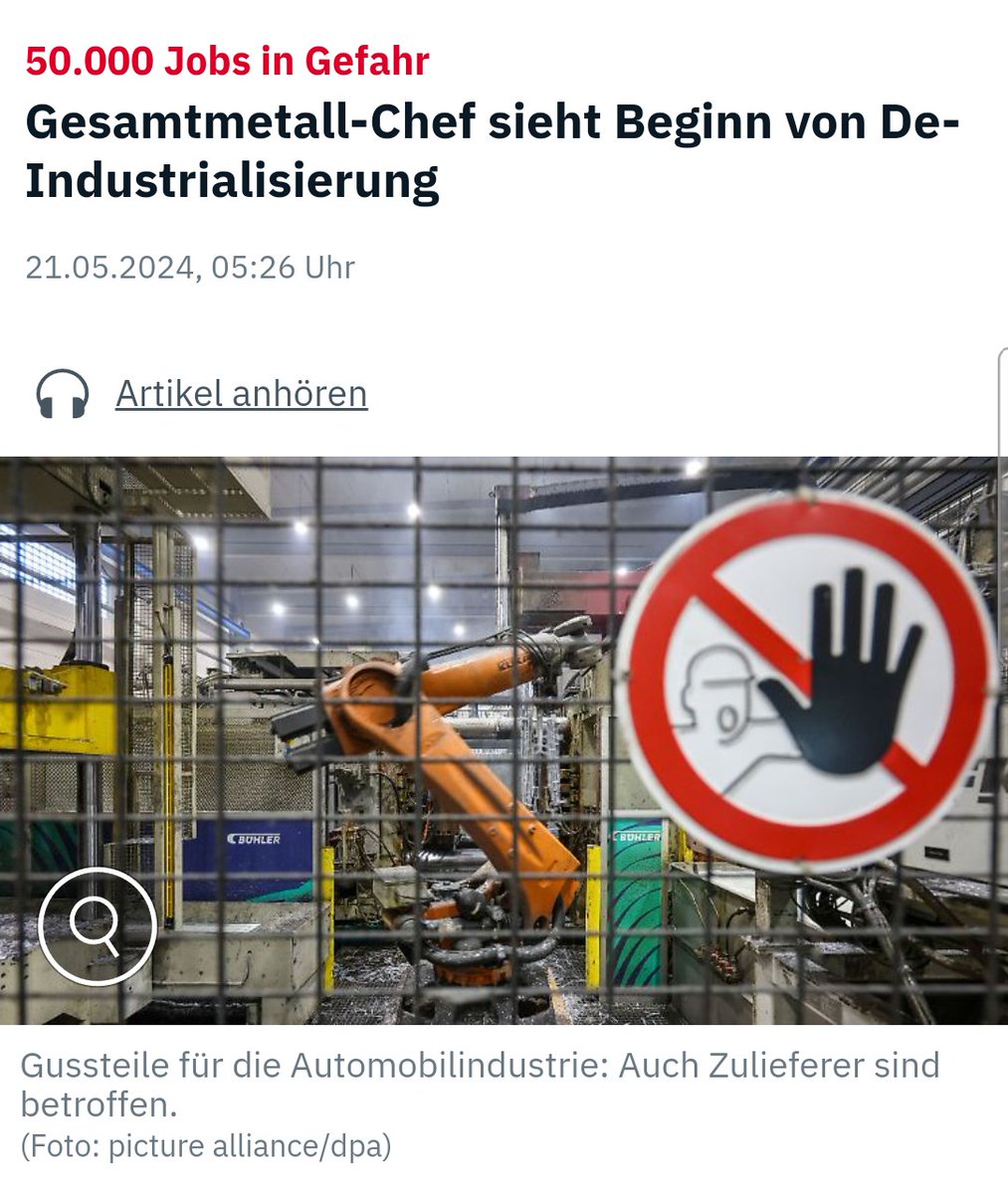 Die grüne Transformation schreitet nun unerbittlich voran: 'Der Präsident des Arbeitgeberverbands Gesamtmetall sieht nach eigenen Angaben eine 'beginnende De-Industrialisierung' in Deutschland und warnt vor dem Verlust von bis zu 50.000 Arbeitsplätzen in der Industrie.' ....