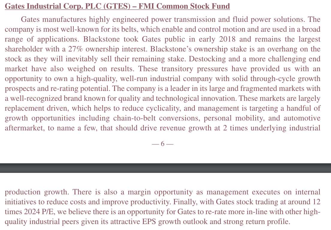 Fiduciary Management on Gates Industrial Corp $GTES

12 times 2024 P/E, we believe there is an opportunity for Gates to re-rate more in-line with other highquality industrial peers given its attractive EPS growth outlook and strong return profile

(Extract from their Q1 letter)