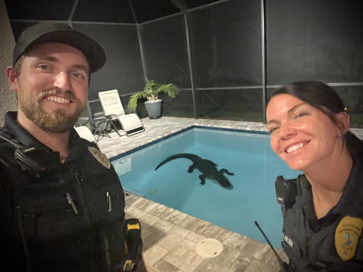 Florida cops doing Florida things! 🐊

This alligator made himself right at home overnight in Venetian Bay. A Florida Fish and Wildlife trapper safely removed the gator from the pool. Don’t let the angle fool you - he was approximately 10 foot long! 😮