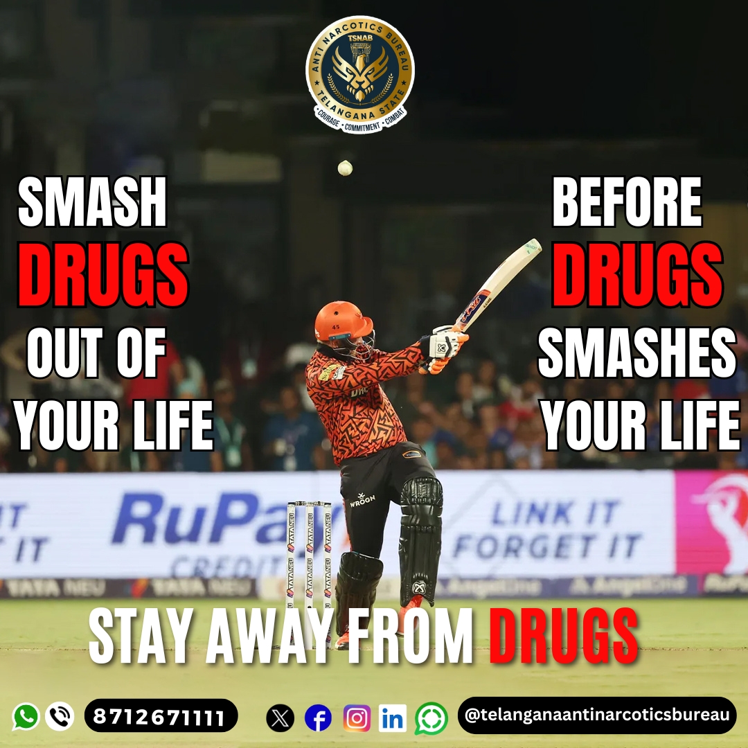 Smash Drugs out of your Life. Before Drugs Smashes your Life.
@TelanganaDGP @director_tsnab @narcoticsbureau
@CVAnandIPS @TelanganaCOPs @hydcitypolice
@cyberabadpolice @RachakondaCop @NMBA_MSJE
@UNODC
#telanganaantinarcoticsbureau #tsnab #DrugfreeTelangana #ipl #ipl2024 #KKRvsSRH