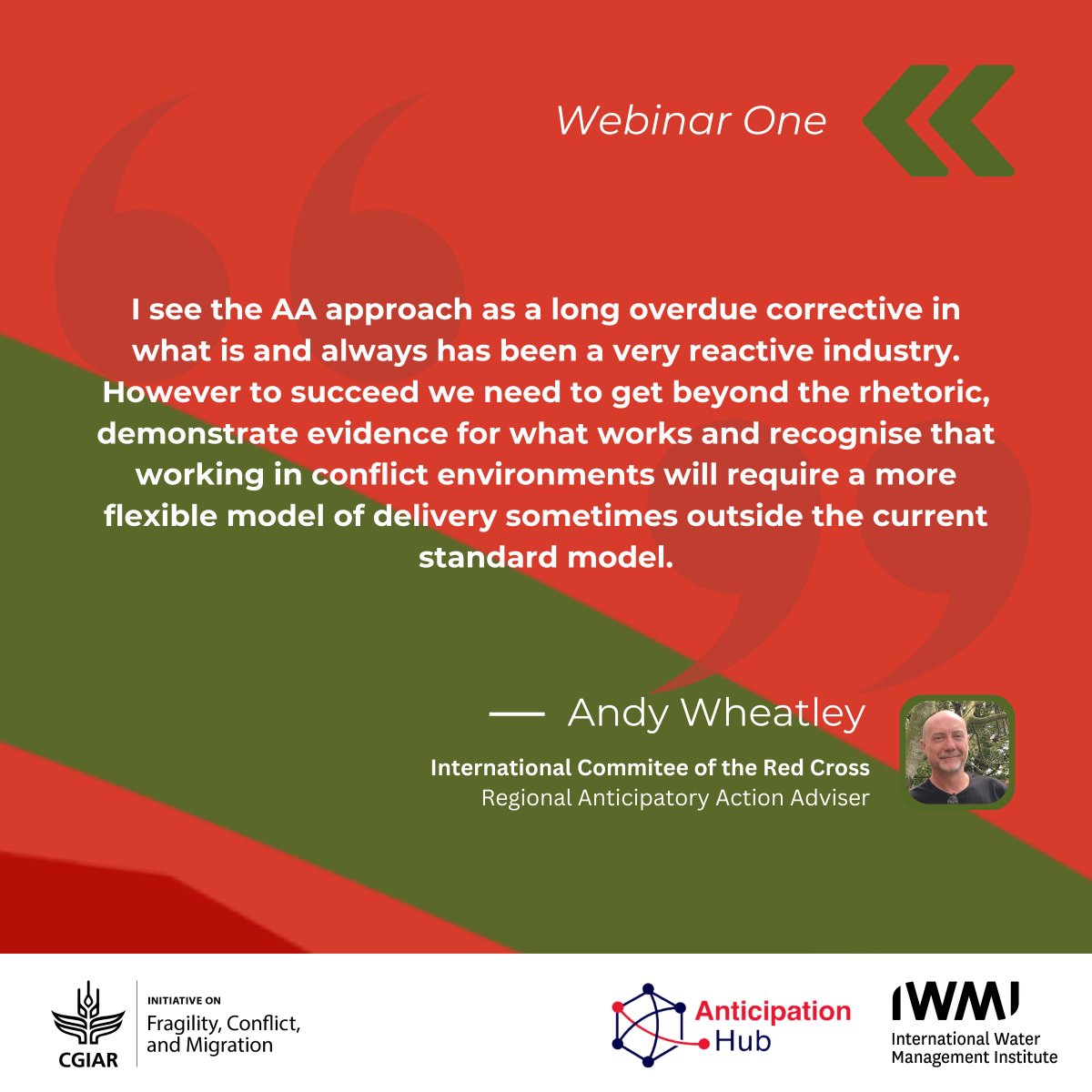 🔦Speaker Spotlight
 
Andy Wheatley, Regional Anticipatory Action & Conflict Adviser, @ICRC will share his insights and expertise on best practices at @CGIAR's #FCMInitiative Webinar One.

📅 Monday, 27th May 2024
🕑 14:00 - 15:30 CET
📍 on.cgiar.org/3V4xGPX

#OneCGIAR