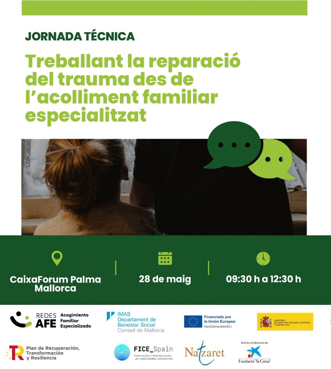 📢 Tot a punt ✖️a la jornada tècnica 'Treballant la reparació del trauma des de l’acolliment familiar especialitzat' dirigida a professionals dels #ServeisSocials #Sanitat #Educació. 📅 28 maig 📍@Caixaforum #Palma ✏️ Inscripcions: forms.gle/V1WyenqrXcQ4Yi… ⛔️ Aforament limitat!