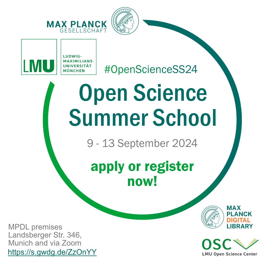 ☀️ 5-day Open Science Summer School 👨‍🏫 organised by @MPDL and @lmu_osc 📅 9.-13.09.2024 📍 Munich (Laim) and online 📣Apply before July 15! #OpenScienceSS24 osip.mpdl.mpg.de/lmu-mpg-open-s…