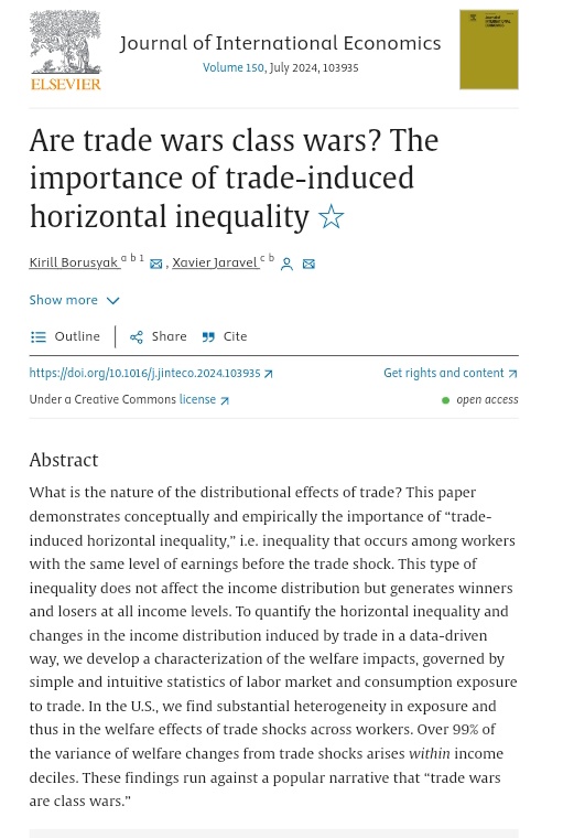 'Are trade wars class wars? The importance of trade-induced horizontal inequality' sciencedirect.com/science/articl… 'Over 99% of the variance of welfare changes from trade shocks arises within income deciles. These findings run against a popular narrative that 'trade wars are class wars''