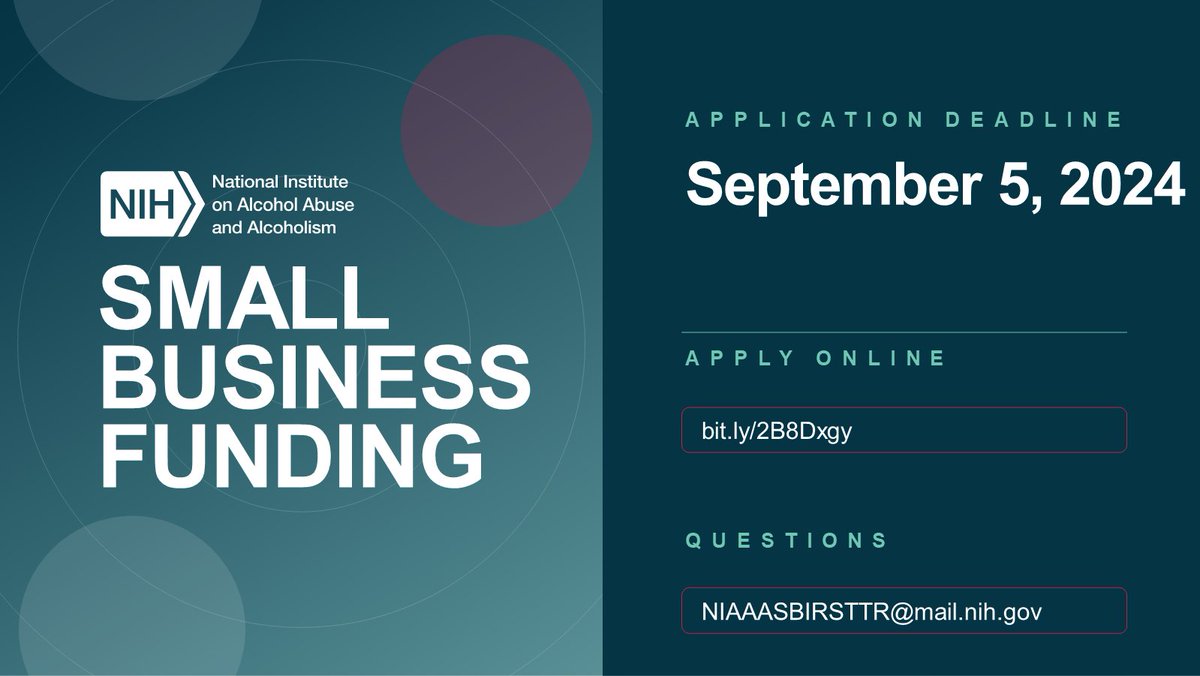 Unsure if your #smallbiz #innovation meets NIAAA requirements? Head to our website to see if your research falls into one of #NIAAA priorities before starting your app. The new deadline for the #NIAAAsbir & #STTR program is Sept. 5! Find all requirements: bit.ly/2B9hp5F