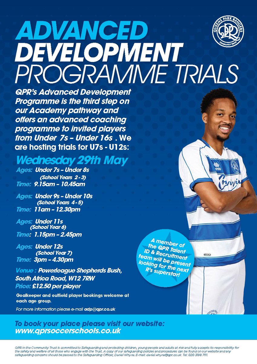 Want to join QPR’s Advanced Development Programme? ⚽️

We are holding open trials during the May half term, for talented players U7s - U12s. 💪

Visit tinyurl.com/MAYADPTRIALS to book your spot! 💻