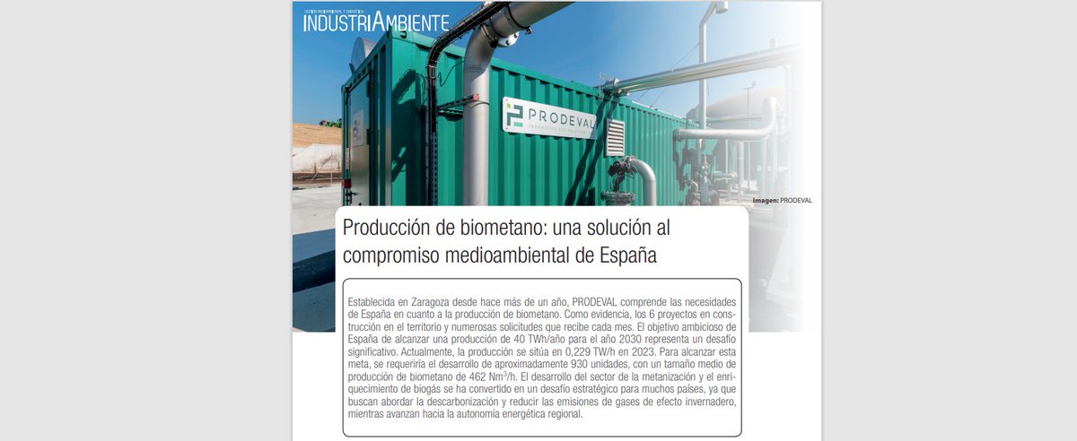 Producción de biometano: una solución al compromiso medioambiental de España

Establecida en Zaragoza desde hace más de un año, @Prodeval_biogas comprende las necesidades de España en cuanto a la producción de biometano. Como evidencia, los 6 proyectos en construcción en el