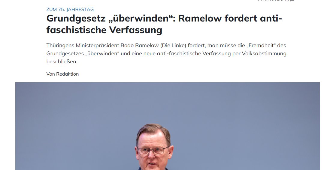 Grundgesetz „überwinden“: #Ramelow fordert anti-faschistische Verfassung

Der Mann, der undemokratisch noch Ministerpräsident ist, weil 
1.) Merkel die demokratische Wahl von FDP-Kemmerling hat rückgängig machen lassen hat
2.) von ihm versprochene Neuwahlen nie gekommen sind
🤣🤡