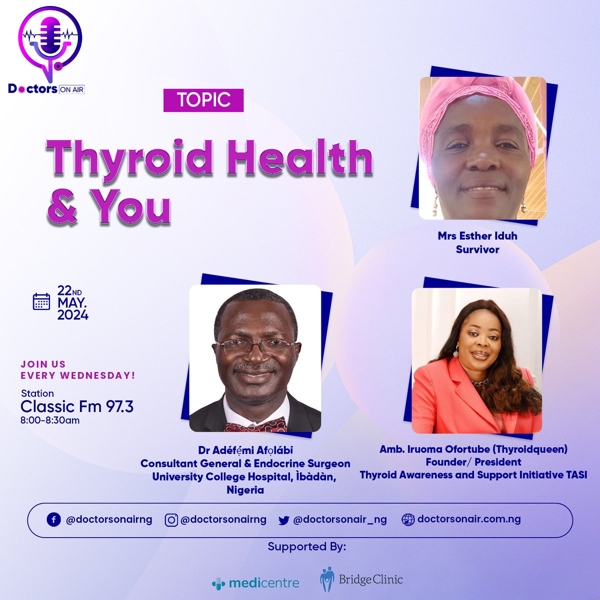 Thyroid disease is a non-communicable disease. However, in Nigeria, people have handled it as such with so much stigma and negativity. On tomorrow's episode of Doctors on Air, Dr. Pamela will be addressing this very important topic- “Thyroid Health & You,'