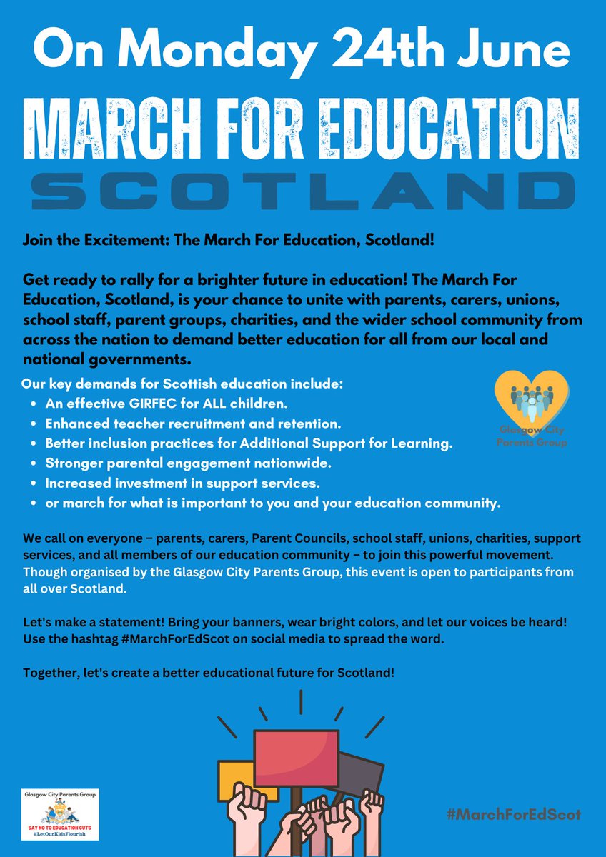 We call on everyone across our Scottish education community to join this powerful movement. Though organised by GCPG, this event is open to participants from all over Scotland.

More details on the event page: tickettailor.com/events/glasgow…

#MarchForEdScot
#LetOurKidsFlourish 💛