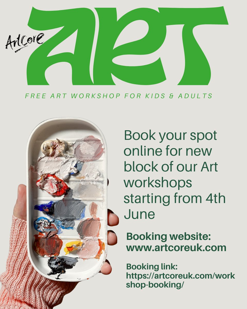 New Block of Art Workshops - Starting June 4th! Spots are filling up fast. Whether you're a beginner or an experienced enthusiast, our workshops offer something for everyone of all age groups. Booking link: artcoreuk.com/workshop-booki… #booking #workshop #artworkshop #design