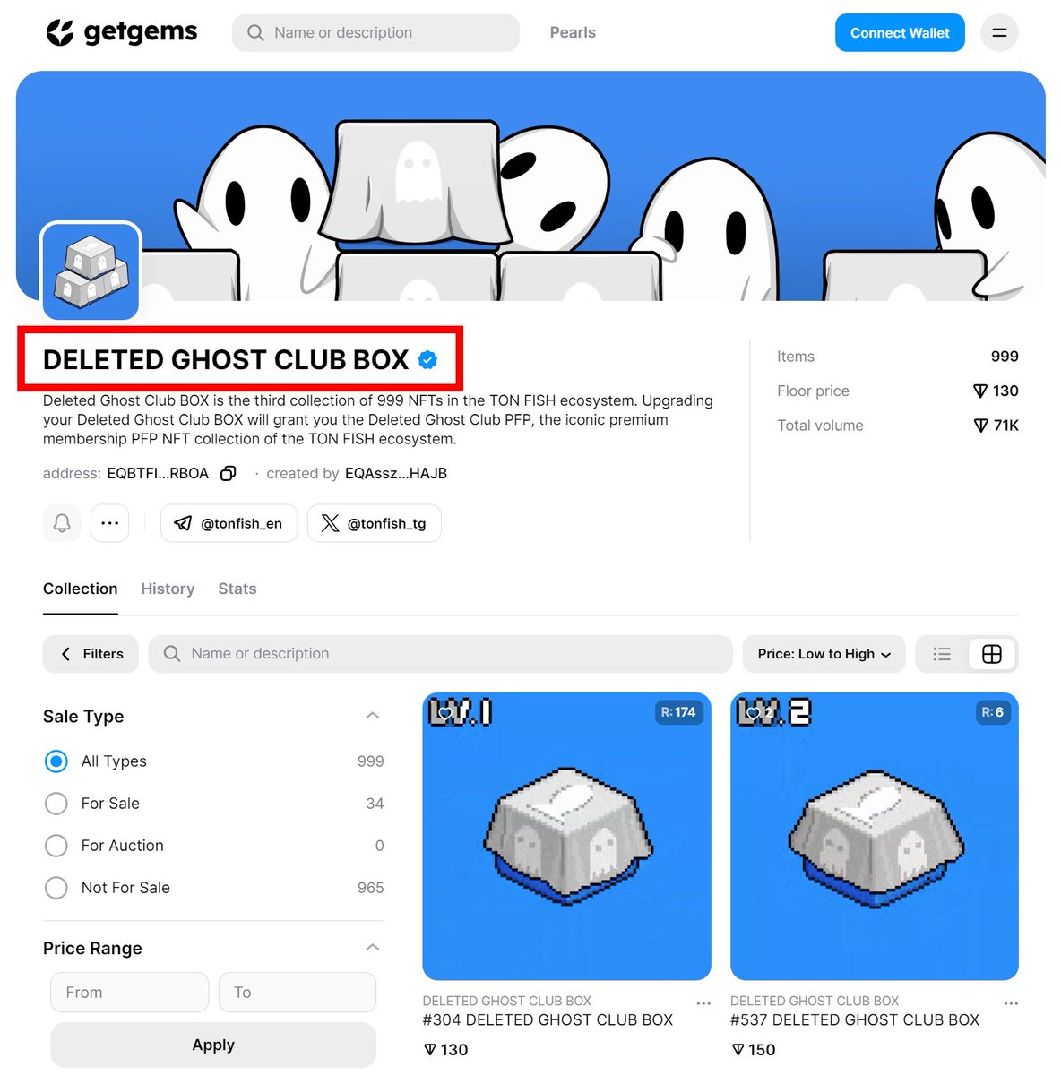 Deleted Ghost Club BOX gets the checkmark on Getgems The collection of NFTs in the TON FISH ecosystem is growing by the day