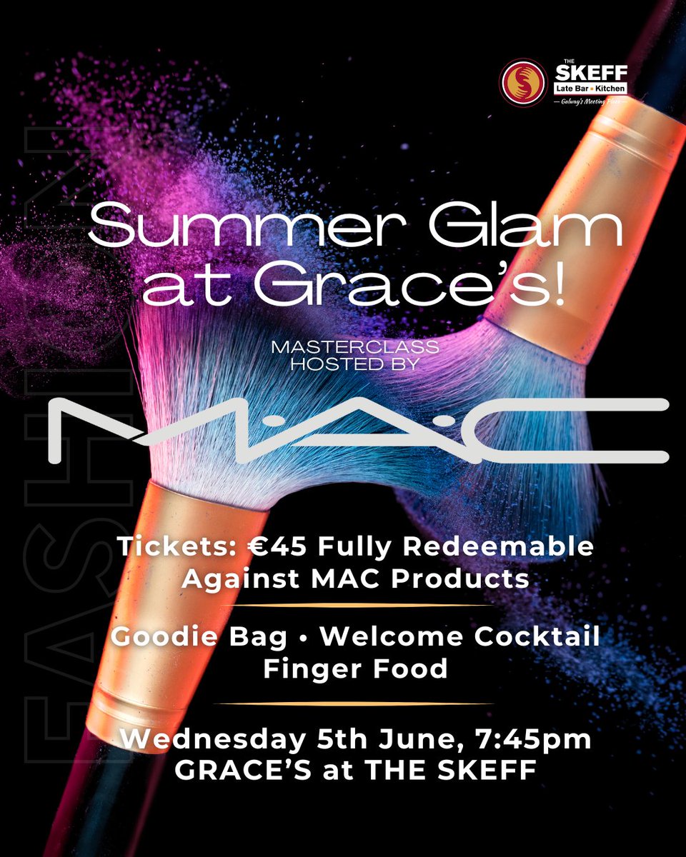 The Skeff has just announced their next Glam Night at Grace's and we're very excited 🙌🥳🤩 Tickets €45, fully redeemable against MAC products, plus you'll receive a goodie bag, a cocktail and delicious light bites during the event, so book now: bit.ly/4bHamNu
