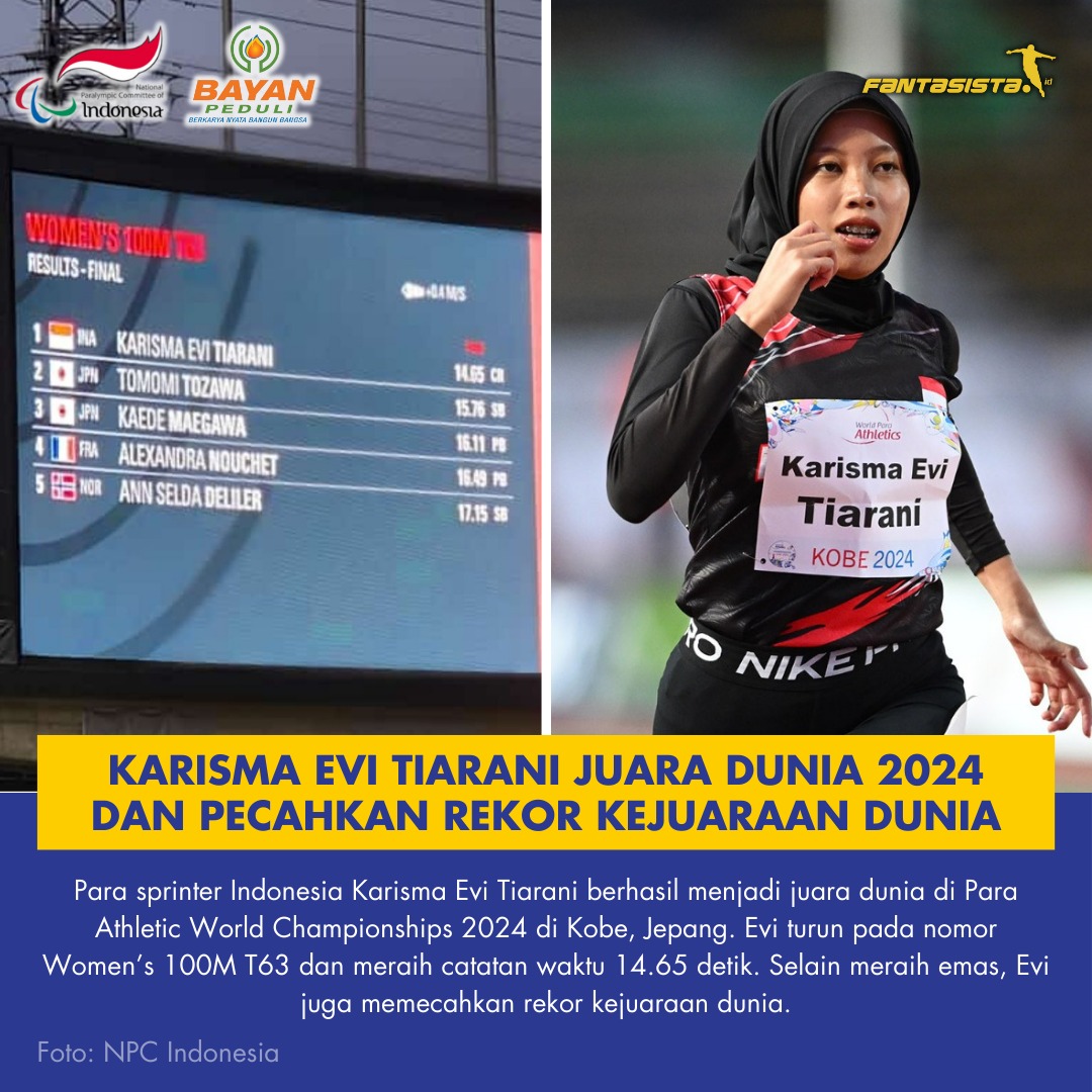 BREAKING!!!!  

Kabar dahsyat dari Kobe, Jepang. 

Sprinter Indonesia Karisma Evi Tiarani menjadi Juara Dunia Para Atletik 2024! Lebih dari itu, Evi juga memecahkan rekor kejuaraan dunia. 

Sebelumnya, Evi sudah dipastikan lolos ke Paralympic Paris 2024. Artinya, dengan emas yang