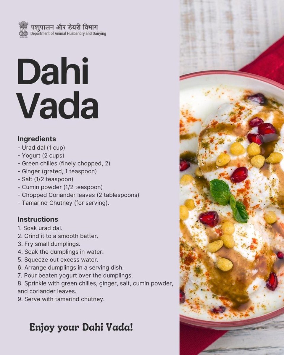 Dept_of_AHD's tweet image. Love Dahi?
You'll adore our recipe lineup!
Discover new ways to enjoy dairy delights!
 #DahiLovers #DairyDelights #YummyYogurt #FoodieFun #HealthyEating #IndianCuisine