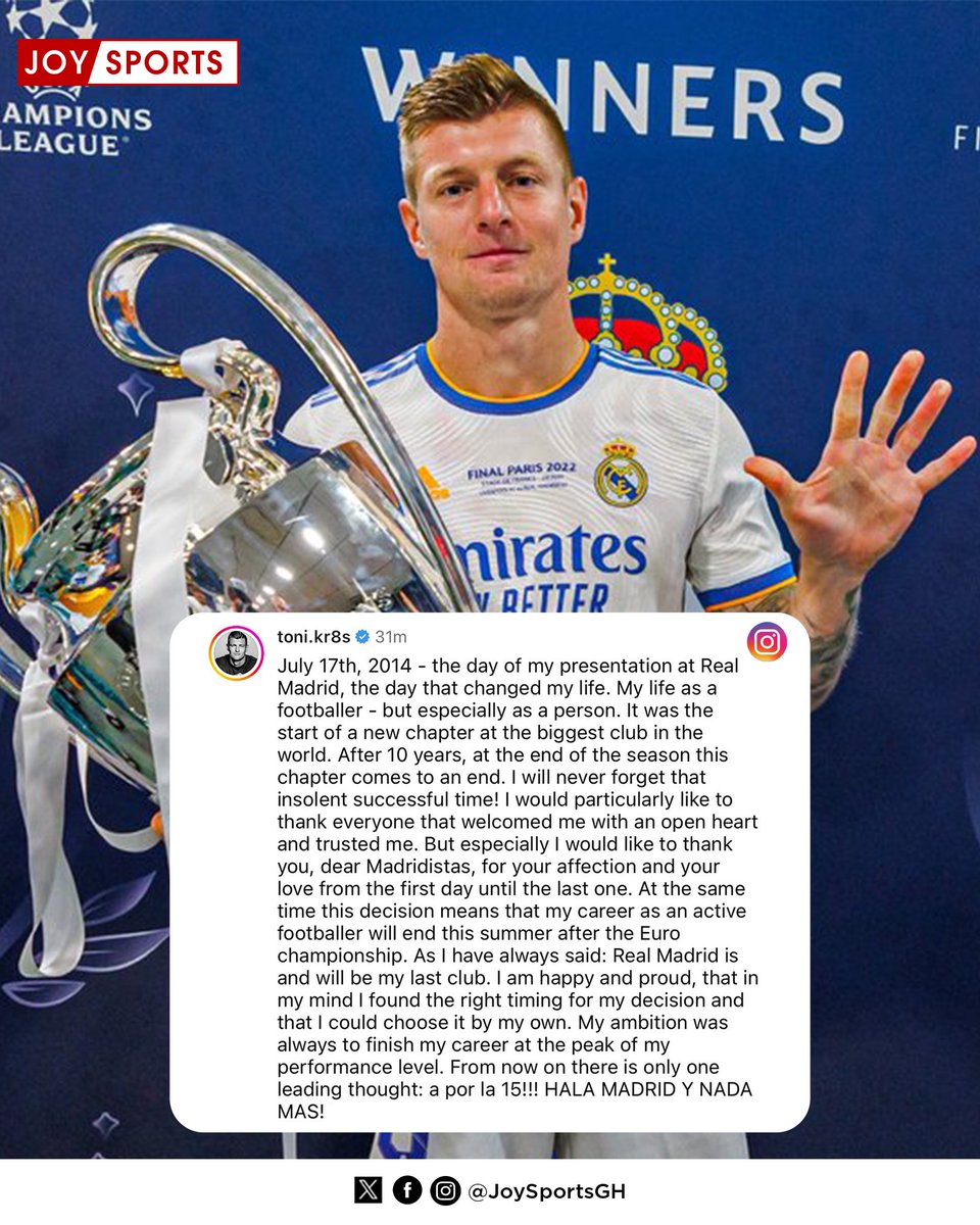 “This decision means that my career as an active footballer will end this summer after the Euro championship. As I have always said: Real Madrid is and will be my last club.” 🇩🇪Toni Kroos has bid an emotional farewell to Real Madrid and football, after the Euros🥲 #JoySports