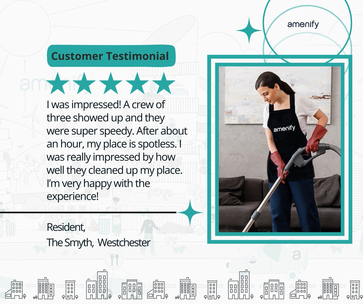 'I was impressed! A crew of three showed up and they were super speedy. After about an hour, my place is spotless. I’m very happy with the experience!' - Resident, The Smyth, Westchester ⭐️ #Amenify #CustomerSatisfaction #FiveStarService