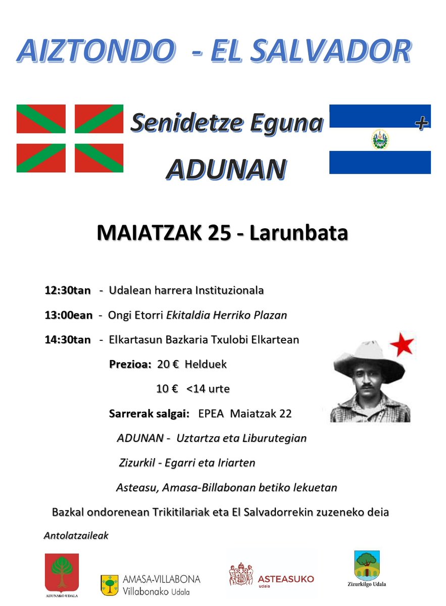 Larunbatean Aiztondoko Udalon eta El Salvadorreko Segundo Montes komunitatearen arteko Senidetze Eguna ospatuko dugu Adunan. El Salvadorretik etorritako lagunak ere bertan izango dira. Anima zaitezte!!! #Elkartasuna #Senidetzea #Aiztondo #ElSalvador