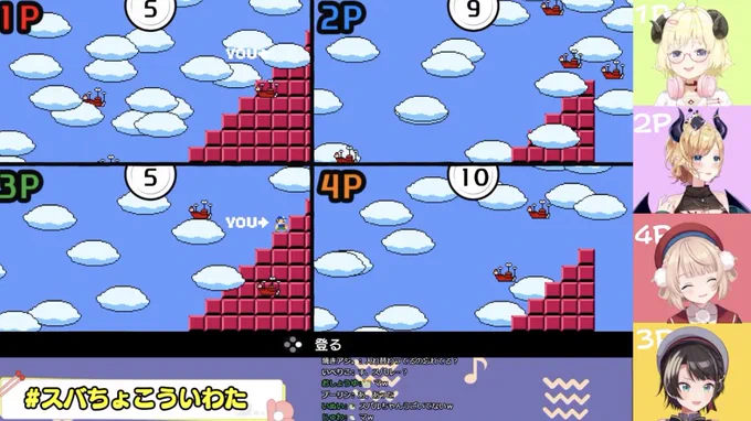 #スバちょこういわた
ニワトリを試すチキンレース。
癖になるゲームありがとう!!!
止まれない2期生。わためぇ上手すぎない!?
敵が欲しいういママ。豆がなんか言ってる
ワニじゃないのも来ます。これお腹空くなぁ....
準備大変だったけど、楽しくできてよかったね!
またコラボお待ちしてます。 