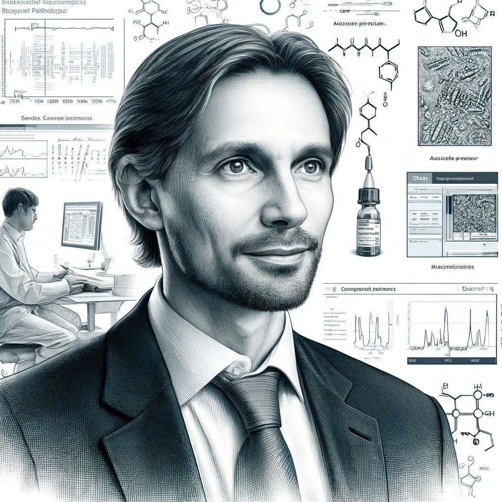 How GPT-4o sees me in a 'professional setting surrounded by elements representing my work in computational proteomics, mass spectrometry, machine learning tools, and bioinformatics software', capturing 'facial features and hairstyle accurately', based on photos on the Internet...