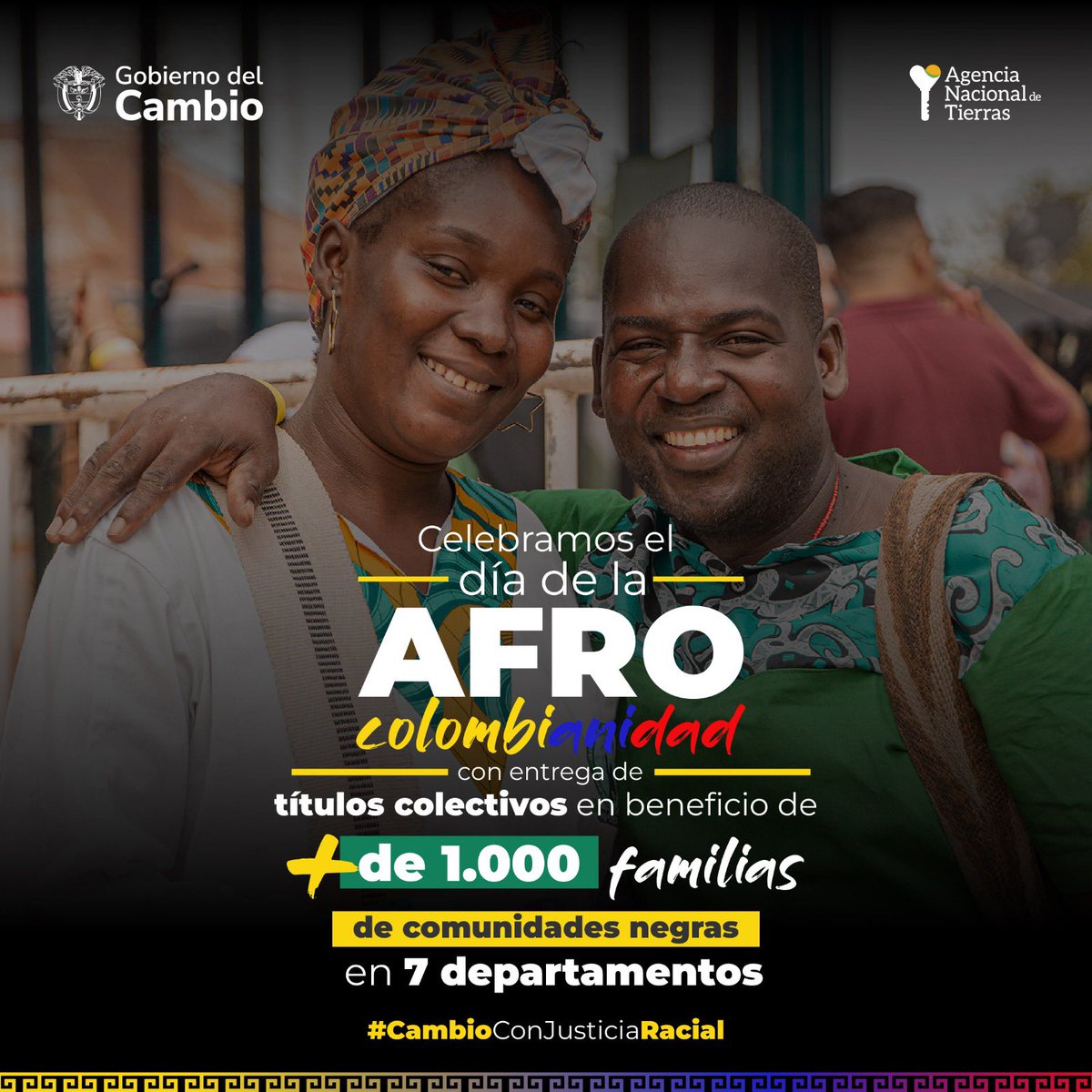 Hoy en el #DiaDeLaAfrocolombianidad es bonito recordar que el gobierno de @petrogustavo a través de la @AgenciaTierras y @harmanfelipe, ha entregado tierras a más de mil familias de comunidades negras para ser producidas. Esto sí que es un verdadero #CambioConJusticiaRacial