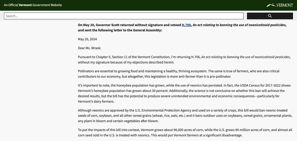 Fantastic news out of Vermont ! Following the push by many farmers and by us at @ConsumerChoiceC, @GovPhilScott has vetoed Bill H.706, which would have banned the use of neonicotinoid-treated seeds in the state. A win for farmers and consumers! governor.vermont.gov/press-release/…