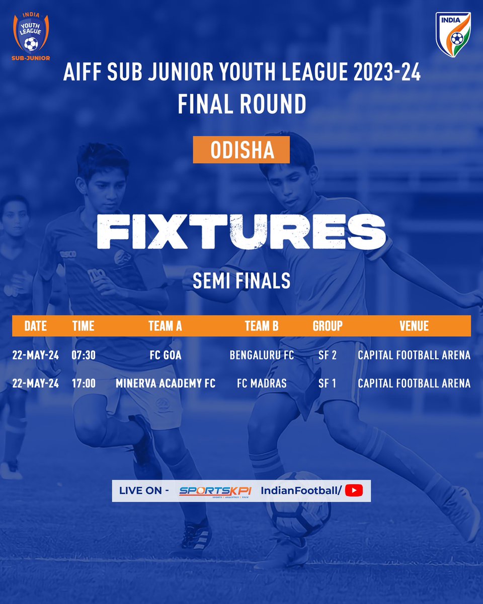 FC Goa will lock horns with Bengaluru FC, while Minerva Academy FC will face FC Madras in the Semi-Finals of the AIFF Sub Junior Youth League 2023-24. 💻 Watch LIVE action on Indian Football YouTube channel and SportsKPI. #IndianFootball ⚽️