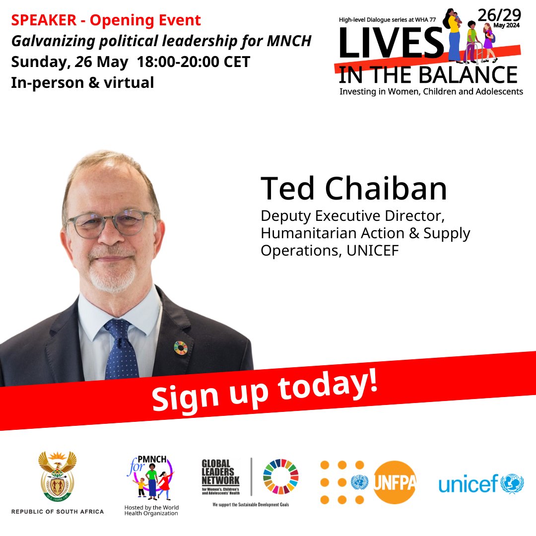 @PMNCH @UNFPA @theGFF @UNICEF @USAID @gatesfoundation @gavi @MeaslesRubella @SecGTFCC @RLMglobalhealth On 26 May, @TedChaiban is joining the #LivesInTheBalance #WHA77 Opening Event 'Galvanizing Political Leadership for #MNCH' co-hosted by @PresidencyZA to drive #SDG progress by confronting maternal & child mortality.

Register to join: bit.ly/44HYYP0