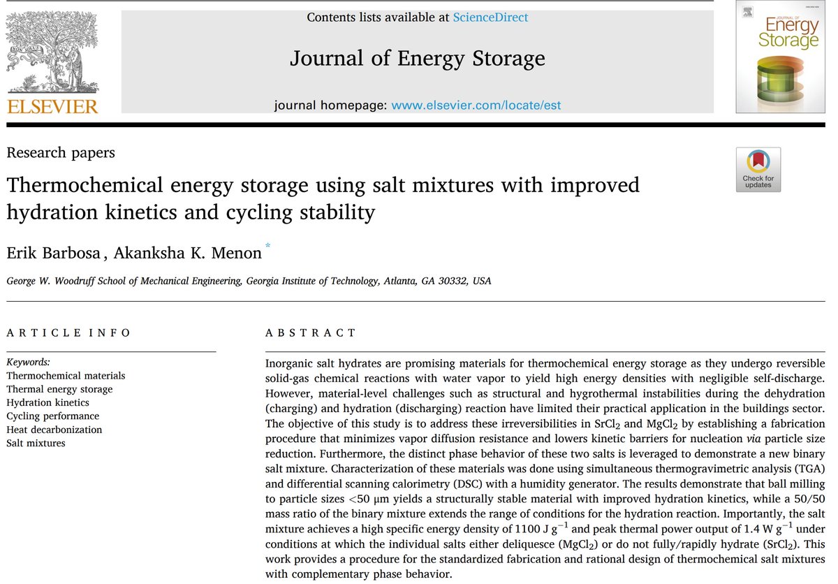 Akanksha Menon (@amenon_lab) on Twitter photo New paper from our group on #thermochemical #energystorage -- we developed salt mixtures with improved cycling performance to decarbonize heating in buildings: doi.org/10.1016/j.est.…. Thank you to <a href="/NSF/">U.S. National Science Foundation</a> for supporting this work! New paper from our group on #thermochemical #energystorage -- we developed salt mixtures with improved cycling performance to decarbonize heating in buildings: doi.org/10.1016/j.est.…. Thank you to <a href="/NSF/">U.S. National Science Foundation</a> for supporting this work!
