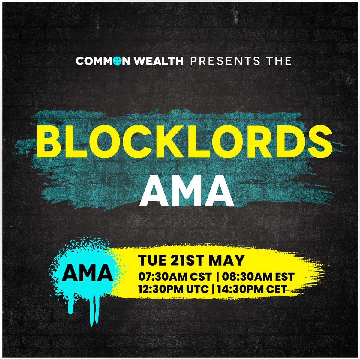 wlthxyz's tweet photo. 🚨AMA ANNOUNCEMENT: @BLOCKLORDS x @joincommonwlth 

Starts at 12:30pm UTC! 🔥

Link 👇 https://t.co/cioATCN4cq https://t.co/qLkJjICapa