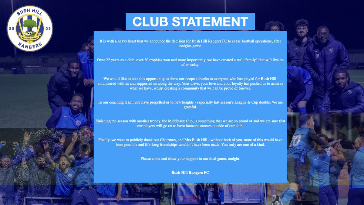 BushHillRangers's tweet image. Club Statement: 

Tonight will be our final game.