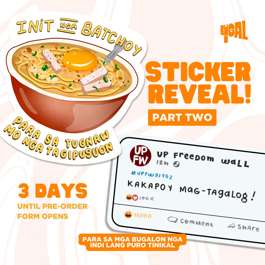 UPKasanag's tweet photo. kamusta mga suki bakal na kayo sa aming stickers pls pls wala na kaunon dormers niyo di 🙏🙏🙏

Get this "Batchoy" sticker para mag-reply na sa and "Freedom Wall" kung miss niyo na mag hiligaynon sa Manila!!!

#BUGAL #sticker https://t.co/WjSra0YLPp