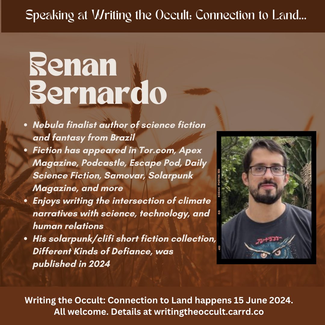 When I was searching for climate fiction writers for the next Writing the Occult, @writerlynds suggested @RenanBernardo, who's just released a solarpunk/clifi shorts collection. So yep: he's our next panelist! How do science, technology & human relations intersect in clifi? 🧵⬇️