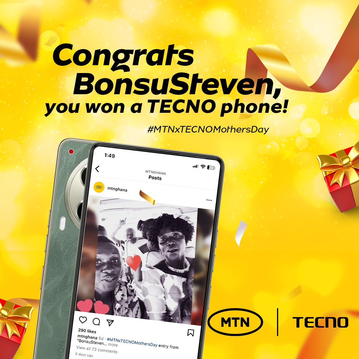 Congratulations @bonsusteven for winning the #MTNxTECNOMothersDay challenge. Congratulations to the other winners: 1. AngeleyAdwoa 2. Meauneaupoli 3. Donscruf 4. Nana_Kwame_20 5. ZanuMawuli 6. _Nadjel 7. Abena_b19 8. iam_aka_1.