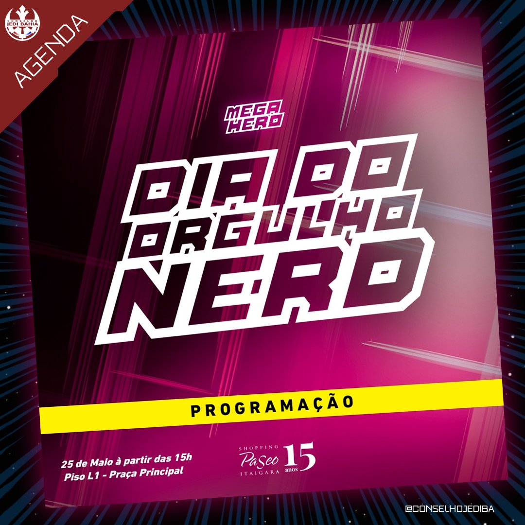 Estaremos no Dia Do Orgulho Nerd 🦸‍♀️⭐💥

O Paseo e o Mega Hero irão apresentar uma tarde de muito cosplay, desfiles, atividades lúdicas, novidades sobre o universo nerd e muito mais. É claro que o CJBA não poderia ficar de fora!

Sáb. | 25/05 | 15h
Programação: <a href="/MegaHeroOficial/">Mega Hero | Evento Nerds</a>
