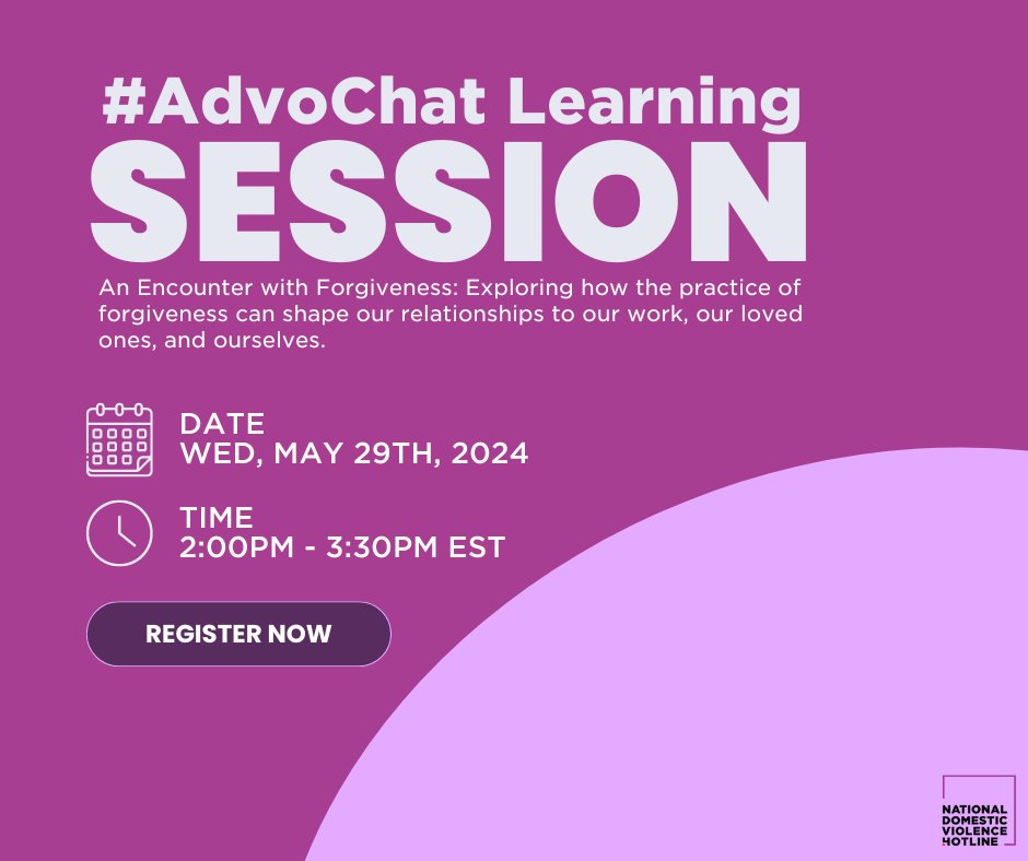 Next month's #AdvoChat session is called: An Encounter with Forgiveness: Exploring how the practice of forgiveness can shape our relationships to our work, our loved ones, and ourselves. For more info and to register, visit: bit.ly/4cOtkmV #DomesticViolence