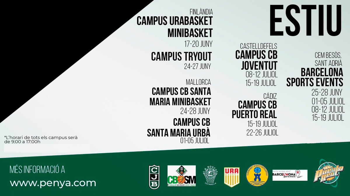🟩⬛️ Últimes places als nostres Campus Oficials!

👇 Detalls específics:

➡️ <a href="/BarcelhonaSport/">Barcel'hona Sports</a>: bit.ly/CJBBarceLHonaS…
➡️ <a href="/UraBasket/">Ura Basket</a>: bit.ly/CJBUrabasket
➡️ @CBasquetSM: bit.ly/CJBSantaMaria1 i bit.ly/CJBSantaMaria2
➡️ <a href="/CBJCastell/">CB Joventut Castelldefels</a>: bit.ly/CJBCastelldefe… 
➡️