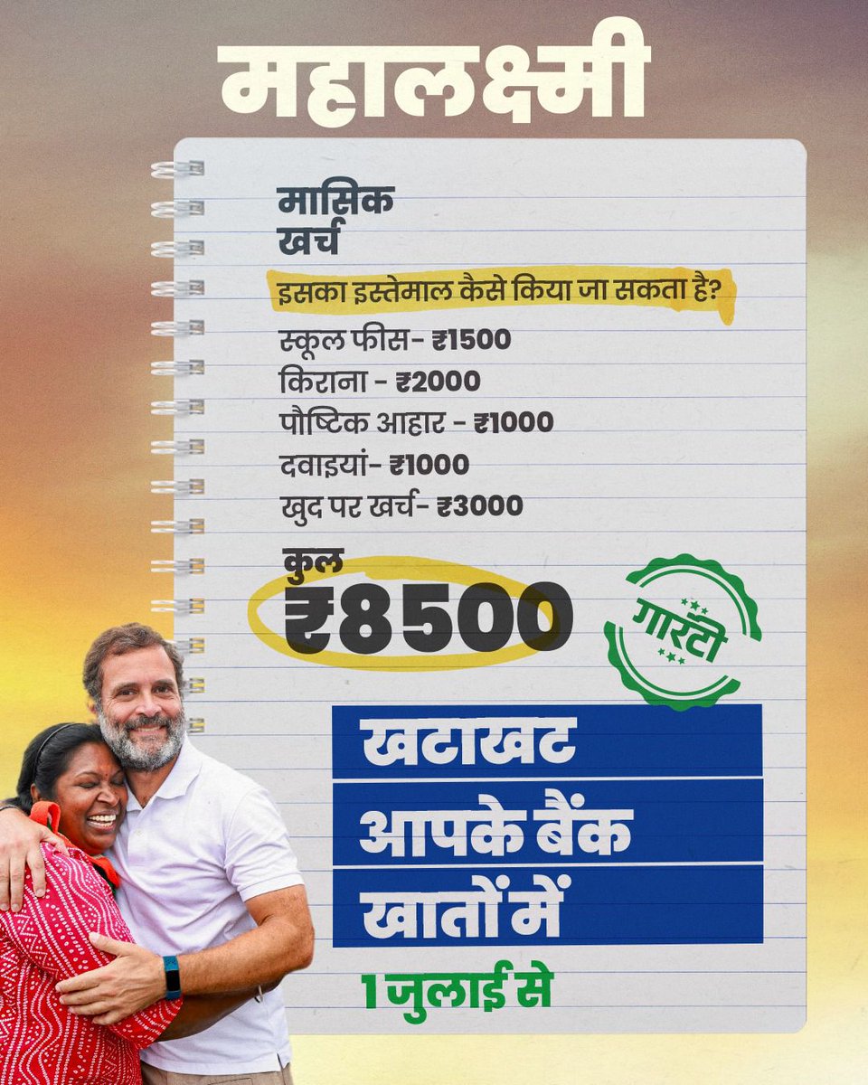 #Congress की गारंटी ' महालक्ष्मी ' 1 July से ₹8500 प्रति महीने आपके बैंक खातों में खटाखट-खटाखट #MahaLakshmi 

#NaariNyay #NyayPatra #CongressManifesto #RahulGandhiNextPM 
#RahulParBharosaHai