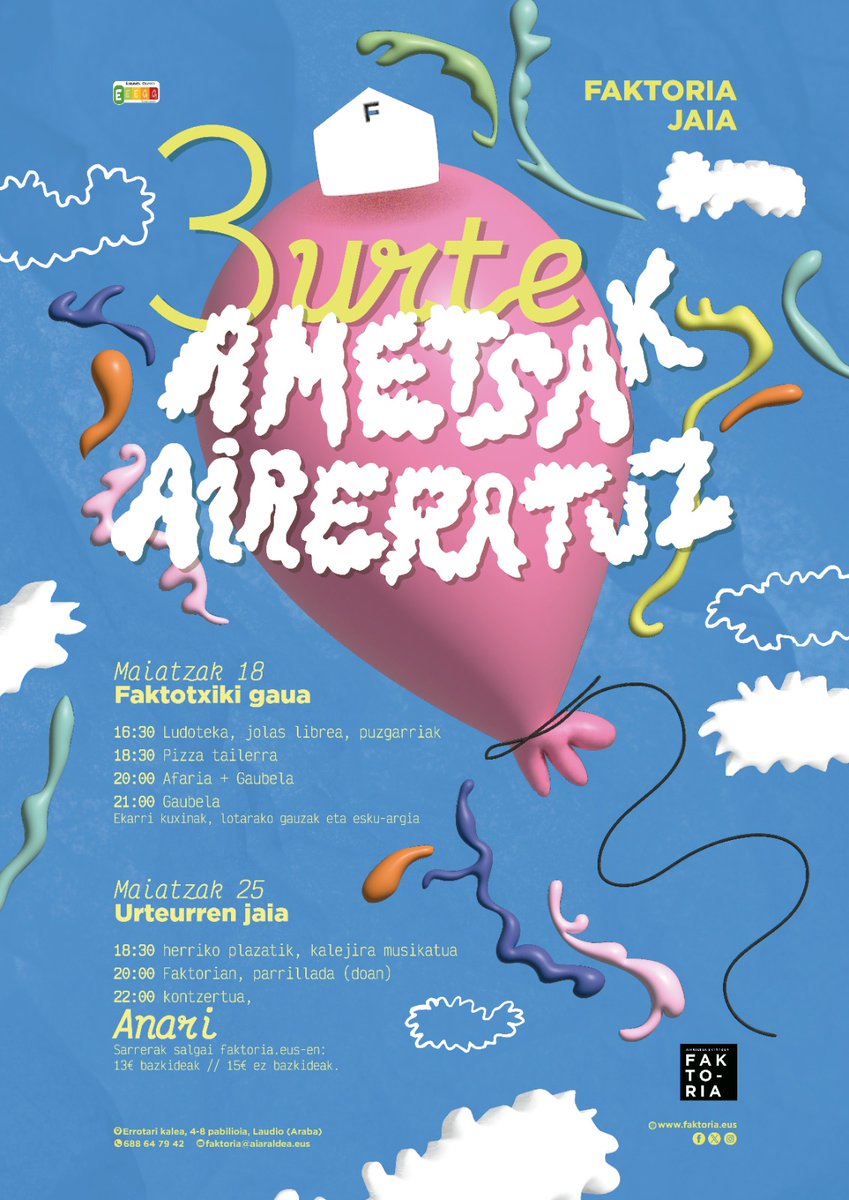3 URTE AMETSAK AIRERATUZ 
📢 Badator, Faktoriaren urtemuga jaia!

👉Ez duzu ikusi maiatzak 25eko kartela oraindik? 
🔥🎉Kalejira musikatua, parrillada, Anariraren kontzertua... 
@anarirena

Gorde data eta zatoz gurekin gozatzera!❤️❤️❤️❤️