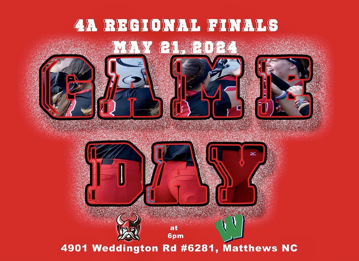 The Lady Vikings take on the Weddington Warriors tonight for Game 1 in the West Regional Finals. We hope to 👀 you there! #LETSGO🥎 

🥎 4A West Regional Finals Game 1 
📅 Tuesday May 21st
🆚 Weddington HS
⏰ 6:00 pm
📍 Weddington HS-4901 Monroe  
       Weddington Rd, Matthews
