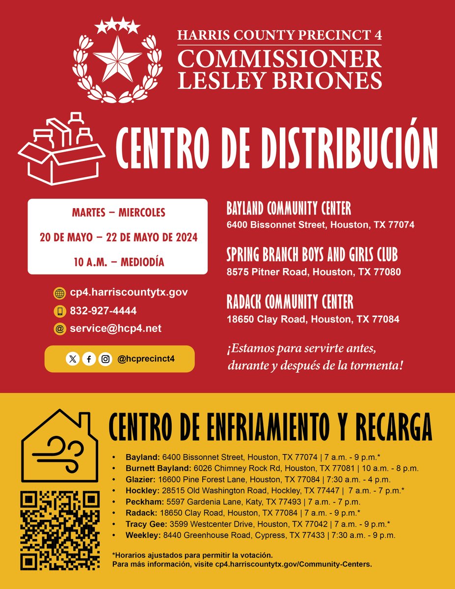 #HCPrecinct4 will host 3 Distribution Sites & 8 Cooling/Charging Centers today for those still feeling the effects of last week's storms. Sites will be open from 10 a.m. - Noon. 📍 Bayland Community Center 📍 Spring Branch Boys & Girls Club 📍 Radack Community Center