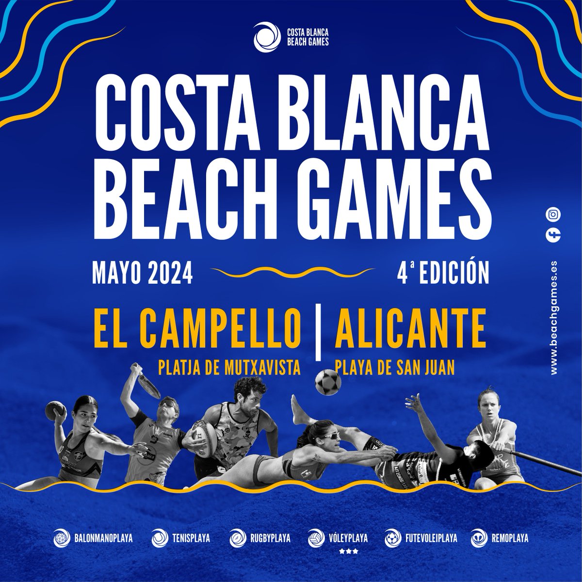 costablancaorg's tweet photo. Costa Blanca se convierta en un referente mundial en deportes de playa con el "Costa Blanca Beach Games". Desde el 18 de mayo al 2 de junio vibra con deportes como el Balonmano🤾‍♂️, Tenis🎾, Rugby🏉, Futvoley🥅, Remo 🚣y  Voley ⚽️en sus modalidades de playa.
https://t.co/IIBHM4WrUI https://t.co/rJRnYyuZbv